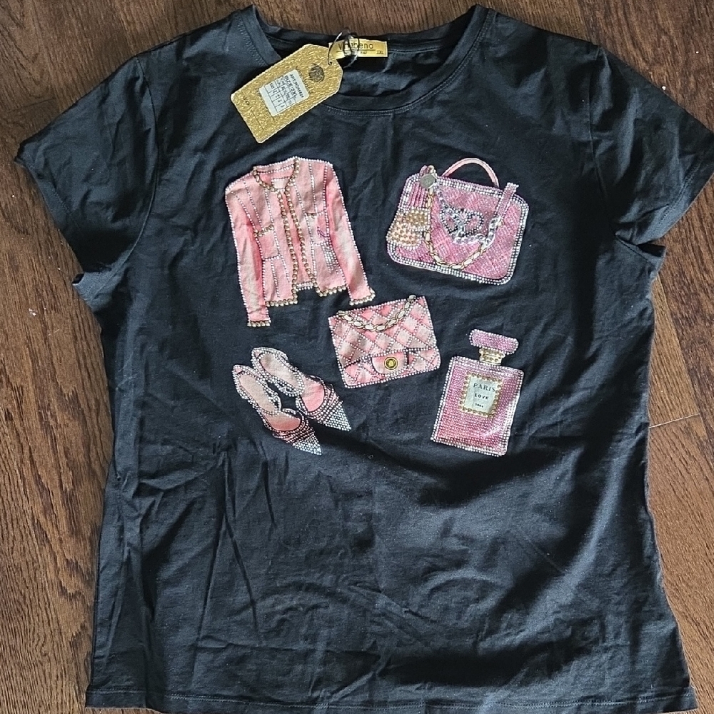 Black Short Sleeve Tee with Pink Graphic Design